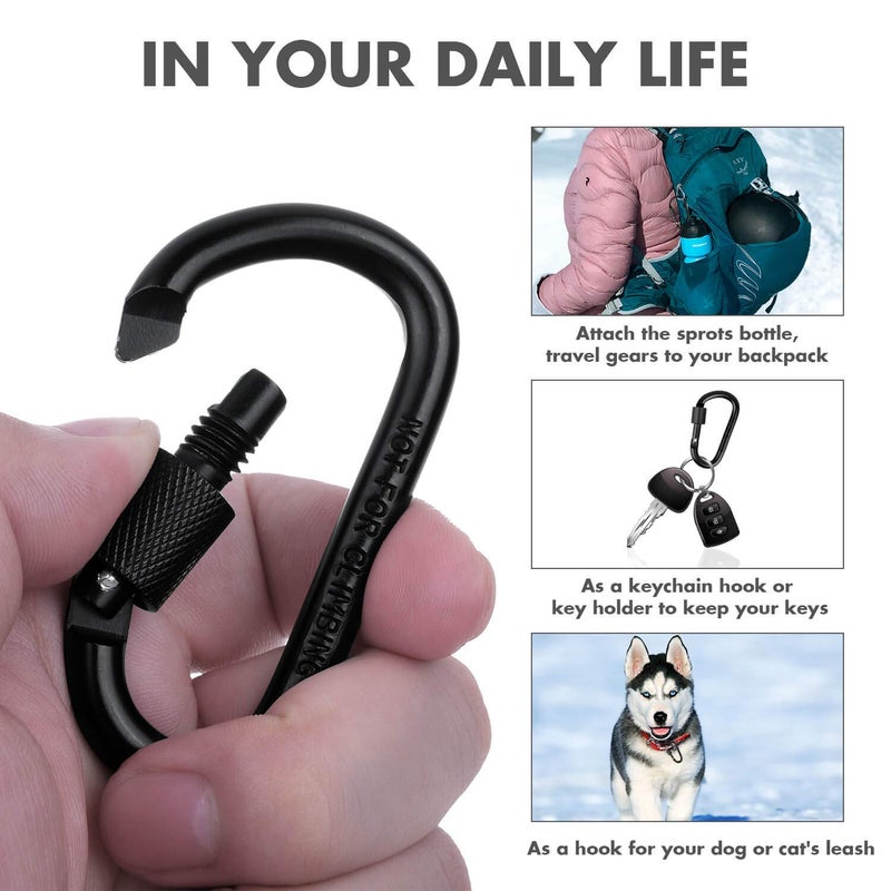 cridoz Carabiner Keychain Clip Hook, Cridoz 3pcs Locking Carabiner D Ring Clips with 9pccs Black Flat Key Ring for Water Bottles, Dog Tags and Car Keys (Assorted Sizes) - Image 2